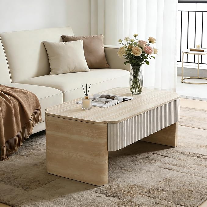 39" Lift Top Coffee Table with Hidden Storage, Faux Marble Lift Pull Up Tabletop for Living Room, Modern Wooden Rectangular Coffee Table, Beige Mars Pattern