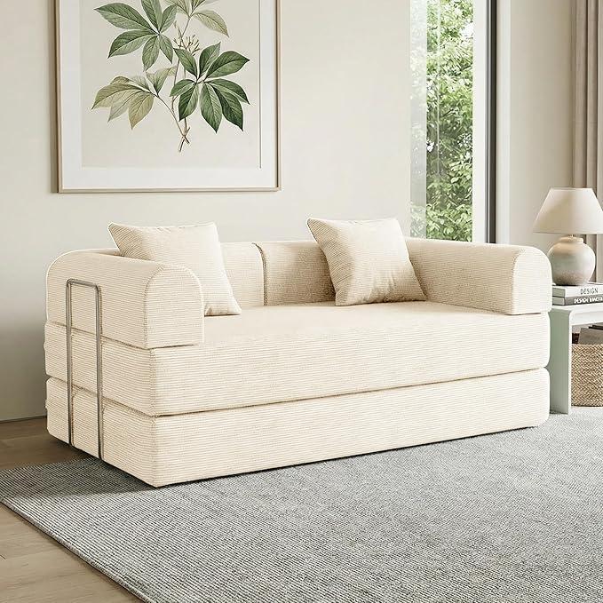 59'' Convertible Compressed Corduroy Folding Cloud Sofa Bed, Modern Boneless Pull Out Loveseat Sleeper in a Box, 4 in 1 Floor Mattress Futon Cloud Couch, No Assembly Needed, Beige, 2 Pillows, Queen