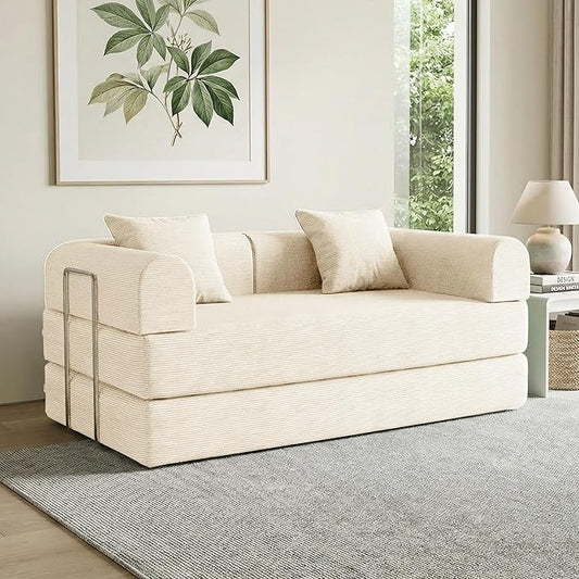 59'' Convertible Compressed Corduroy Folding Cloud Sofa Bed, Modern Boneless Pull Out Loveseat Sleeper in a Box, 4 in 1 Floor Mattress Futon Cloud Couch, No Assembly Needed, Beige, 2 Pillows, Queen
