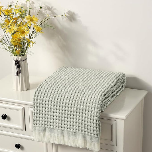 CREVENT Farmhouse Boho Knitted Throw Blanket for Couch Sofa Chair Bed Home Decoration, Soft Warm Cozy Light Weight for Spring Summer Fall (50''X60'' Waffle Green)