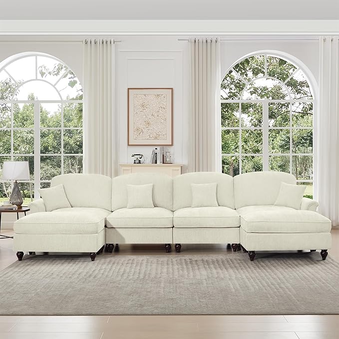 KEIKI Mid Century Modular Sofa with Flared Arms and Skirted Design, 137“ Oversized 4-Seater Luxury with 2 Ottomans Chenille Sectional Couches for Living Room, Chaise Lounge Indoor, Beige White