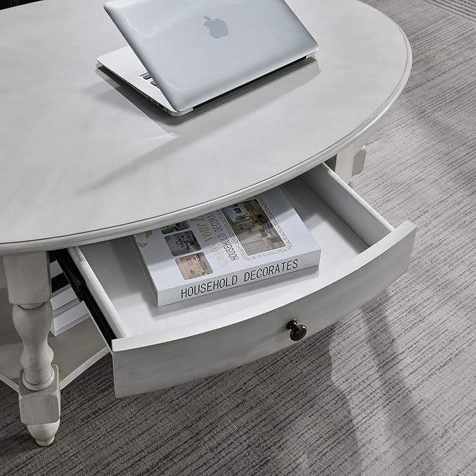 MODERION Coffee Table with Drawer, Solid Wood Oval Center Table with Storage Shelf, Traditional Living Room Table with Elegant Vintage Style, 45” x 27.6” x 18.2” Antique White KFZ2233RW