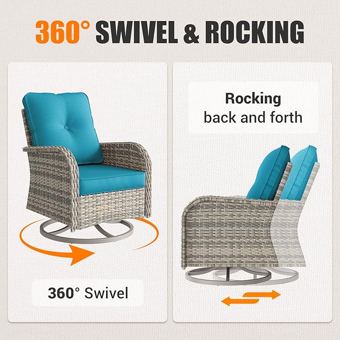 16-Piece Outdoor Patio Furniture Set with Rocking Swivel Chair, PE Wicker Rattan Sectional Sofa Patio Conversation Set with 55,000 BTU Fire Pit Table & Coffee Table, Turquoise