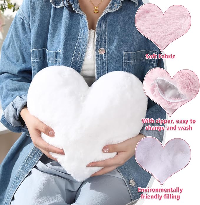 Marsui 2 Pcs Heart Throw Pillows, Soft Fluffy Faux Fur Decorative Hearts Shaped Pillows for Living Room Sofa Bed, Cute Heart Themed Gift for Women(Shrimp Pink, White,11.81 x 11.02 Inch)