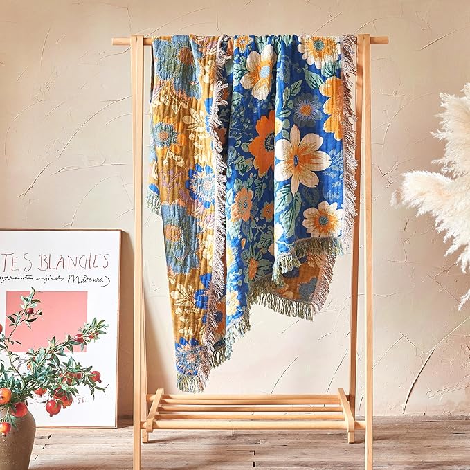 Boho Throw Blanket - 100% Cotton Ultra Soft Muslin Spring Blanket, 50"x60" Lightweight Floral Bird Framhouse Bedding Blanket for Bed, All Season Blue Bohemian Bedroom Home Decor Quilt