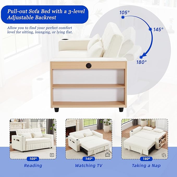 Merax Pull-Out Sleeper Sofa Bed with Reversible Backrest and Storage Shelves, 3 in 1 Foton Couch with USB Ports & Phone Holder, Chenille Loveseat with Pillows for Living Room, Beige