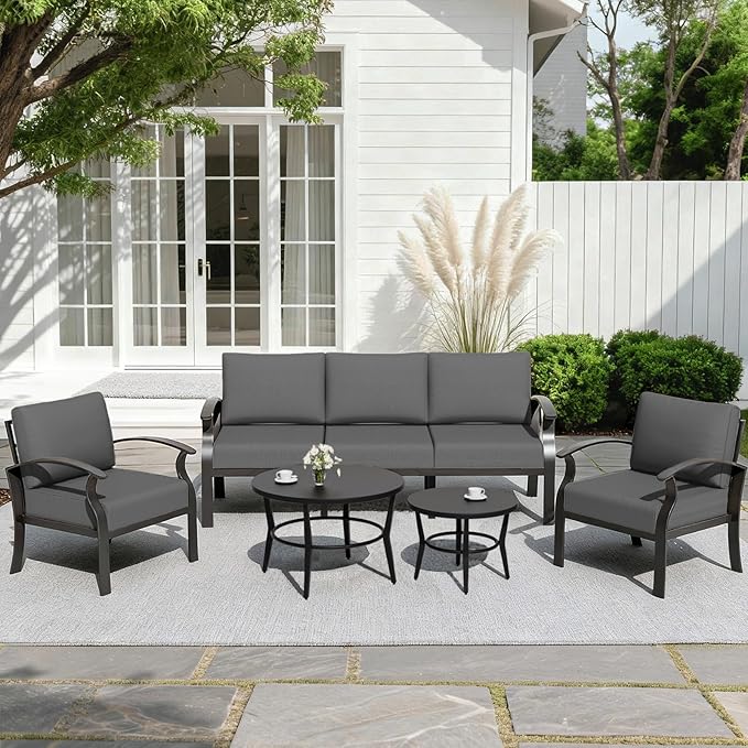 ALAULM Aluminum Patio Furniture Set with Round Coffee Tables, 5-seat Outdoor Sectional Furniture w/5.1" Cushions, Patio Conversation Set for Porch, Backyard, Poolside-Black