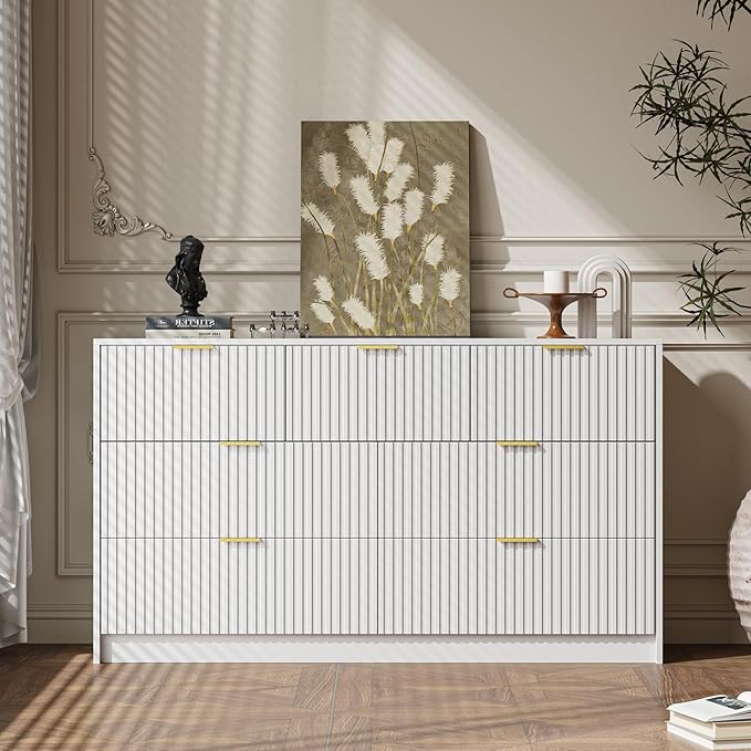 MAISONARIA 3-Piece Dresser Bedroom Set, 7 Drawer Dresser & 2 Drawer Nightstands with Gold Handles, Fluted Wood Chest of Drawers for Bedroom, Living Room, Entryway, White