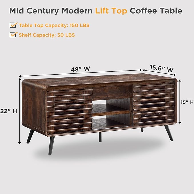OKD Lift Top Coffee Table w/Sliding Slatted Door, 48" Mid Century Modern Wood Center Table w/Hidden Storage Compartment & Adjustable Shelf, Lift Tabletop Dining Table for Living Room (Dark Walnut)