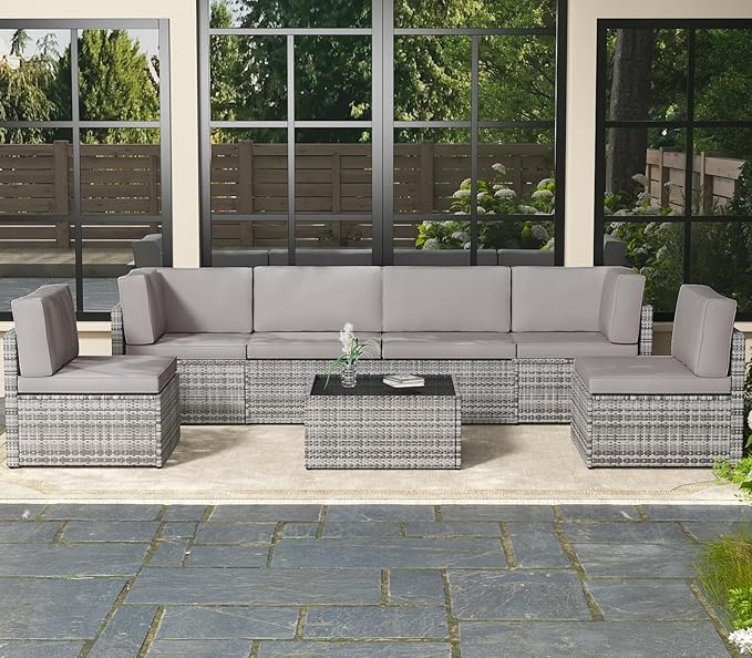 AECOJOY 7 Piece Outdoor Patio Furniture Set, Outdoor Sectional Conversation Furniture Chair with Coffee Table,Patio Sectional for Garden,Backyard(Grey Cushions and Grey PE Rattan)