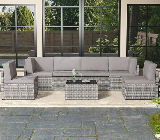 AECOJOY 7 Piece Outdoor Patio Furniture Set, Outdoor Sectional Conversation Furniture Chair with Coffee Table,Patio Sectional for Garden,Backyard(Grey Cushions and Grey PE Rattan)
