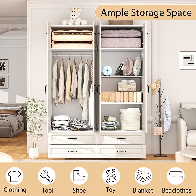 White Armoire Wardrobe Closet with Drawers: Bedroom Armoires with Hanging Rod, Wooden Closet Cabinet for Hanging Clothes, Tall Wardrobes Closets with Doors and Shelves (63")