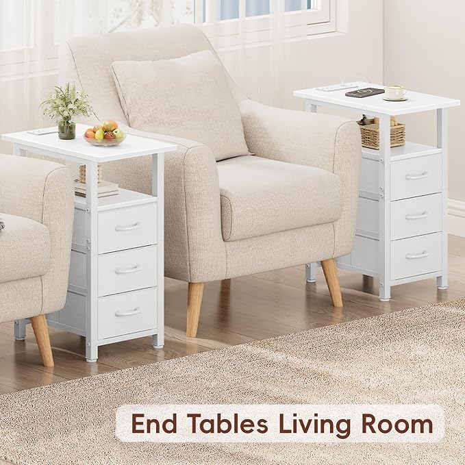 Vagusicc Set of 2 White Night Stand with Charging Station, Narrow Nightstand with U-S-B Ports and Outlets, Small Night Stand 3 Fabric Storage Drawers, Small Bedside Table - Image 4