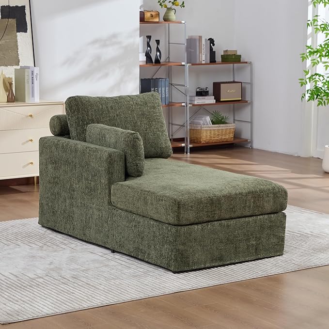 KEIKI 60" Chaise Lounge Chair Indoor, Modern Deep Seat Sofa Bed, Corduroy Couch with Cushions, Single Sleeper Chair for Living Room, Bedroom, Apartments, Green (Left Side)