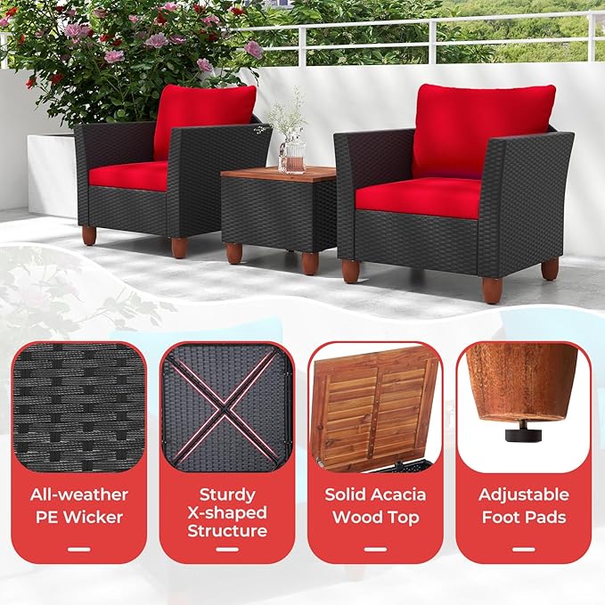 ORALNER 3 Pieces Patio Furniture Set, Outdoor Wicker Conversation Chairs with Cushion, Acacia Coffee Table, Rattan Bistro Set for Balcony Garden Backyard Front Porch Poolside (Red)