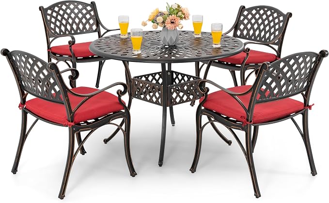 NUU GARDEN 5 Piece Patio Dining Set, Cast Aluminum Outdoor Dining Sets with Red Cushions, Round Patio Dining Table with Umbrella Hole for Garden, Backyard, Balcony, Black with Bronze Edge by NUUGARDENCORPORATION