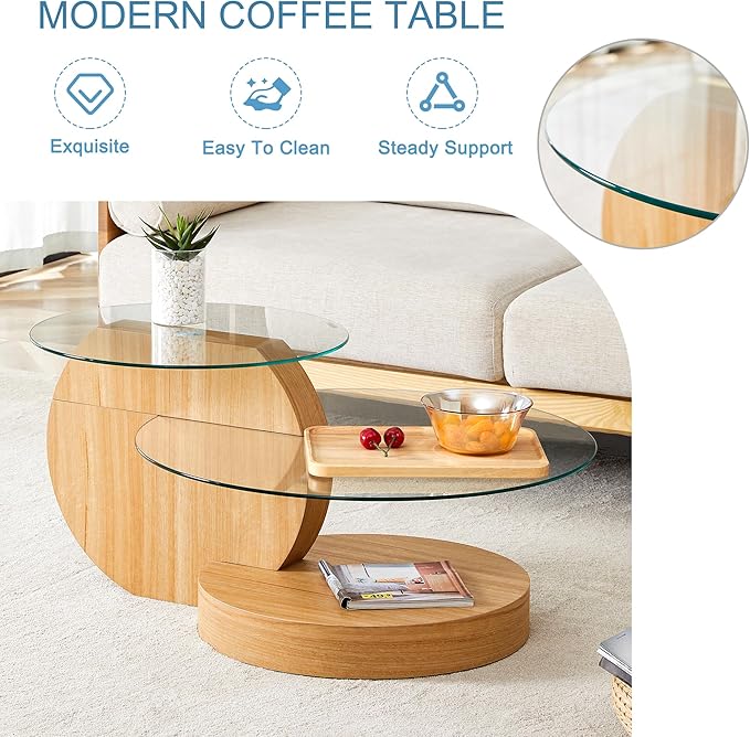 35.4" Glass Coffee Table, Small Round Coffee Table, 2-Tier Tempered Glass Tabletop with Wooden Base, Modern Center Table for Living Room, Home, Apartment, Ideal for Small Space