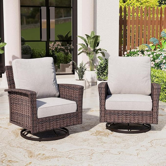 Patio Wicker Swivel Chairs Set of 2, Outdoor High Back Chairs with 5.5" Waterproof Cushions, Outdoor Furniture Set for Deck Porch and Yard, Light Grey
