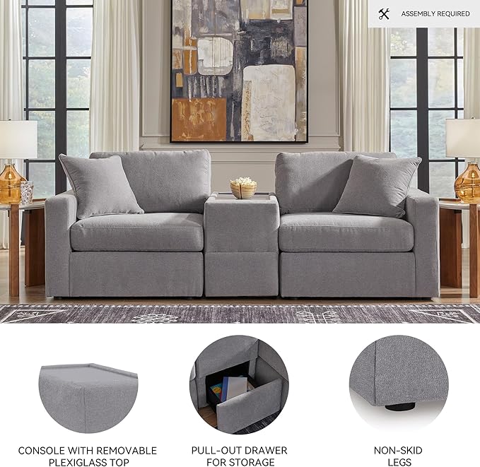 Signature Design by Ashley Modmax Casual Modular Stain Resistant 3-Piece Sectional with Storage Console, Drawer and 2 Accent Pillows, Gray
