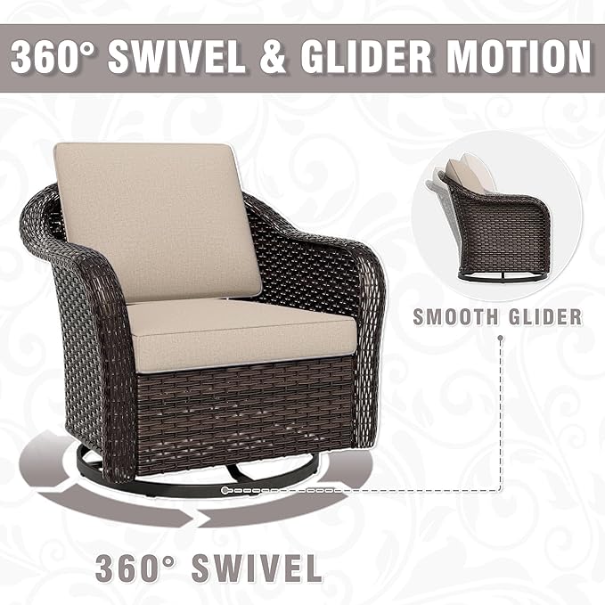 3 Piece Patio Wicker Conversation Set, All-Weather Use Outdoor Wicker Sofa with 2 PE Rattan 360 Swivel Chair, Ideal for Porch, Backyard, Balcony, Poolside, Beige