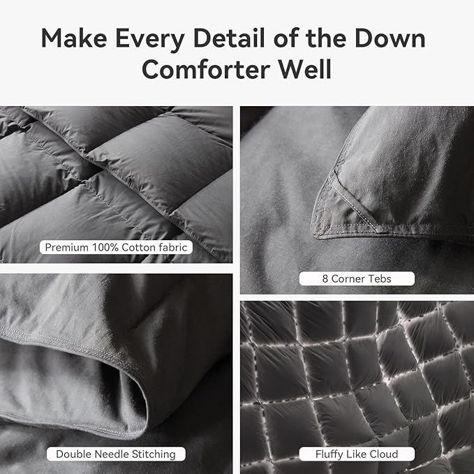 L LOVSOUL Goose Feather Down Fiber Comforter Full Size, 100% Organic Cotton Fabric Duvet Insert,1200TC,750+Fill Power, Hotel Collection, All Season Grey Bedding Comforters with 8 Tabs