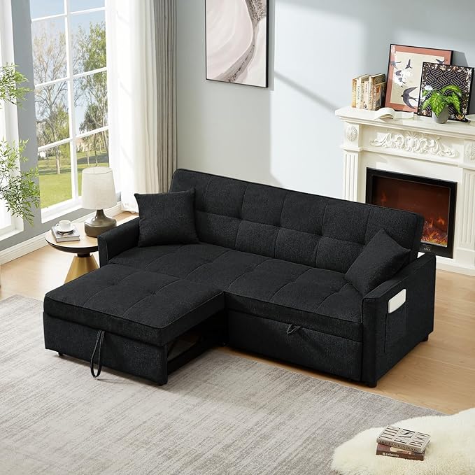 82" 3 in 1 Convertible Sleeper Sofa Bed, Modern Fabric Pull Out Couch, Loveseat Sofa with Pillows & Pockets, Futon Couch Bed Reclining Backrest for Living Room, Bedroom, Apartment, Black