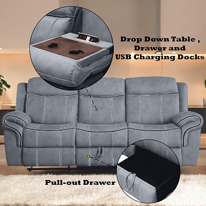Acme Furniture Zubaida 41" x 87" Modern Velvet Reclining Sofa with USB Dock, 1 Storage Drawer, Tight Back & Seat Cushion, in 2-Tone Gray Finish