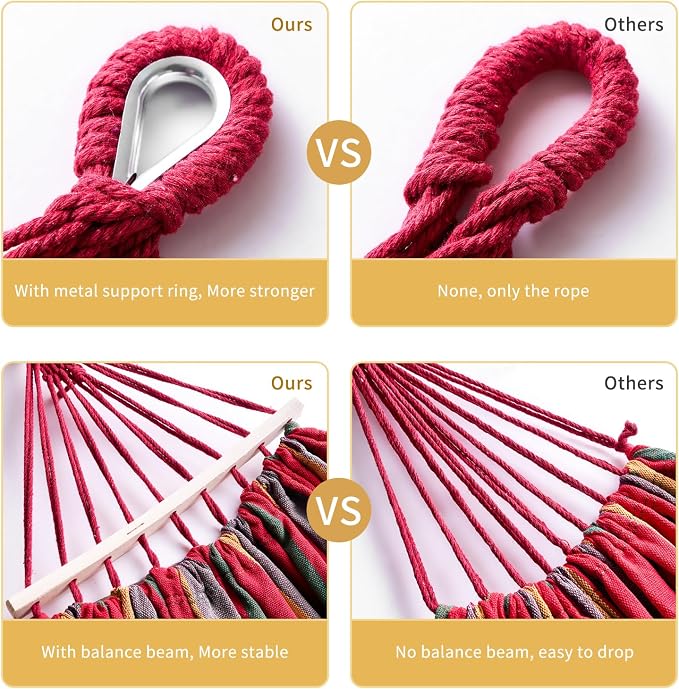 Hammock, Cotton Canvas Hammock Portable Camping Hammock with Carrying Bag Two Anti Roll Balance Beam Metal Carabiner Ropes and Tree StrapsSuit for Indoor,Yard,Camping,Outdoor-Rainbow - Image 6