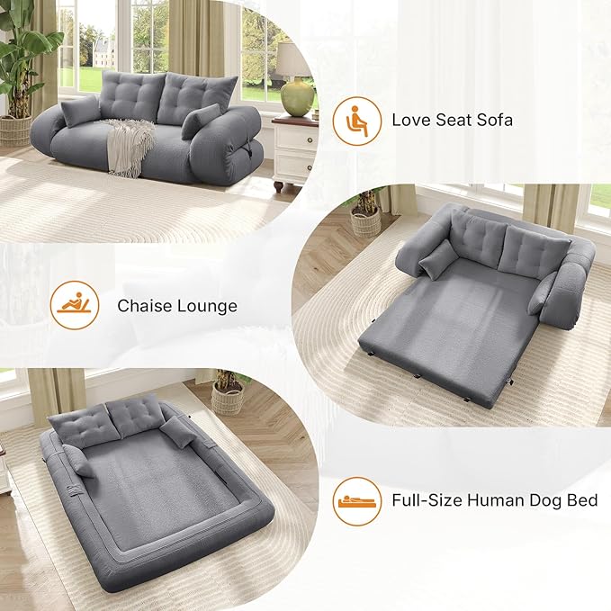 Rovibek 94" x 78" Oversized Floor Sofa with 4 Pillows, 3-in-1 Convertible Sleeper Sofa Bed, Compressed Couch in a Box for Living Room, Apartment, and Guest Room, Gray