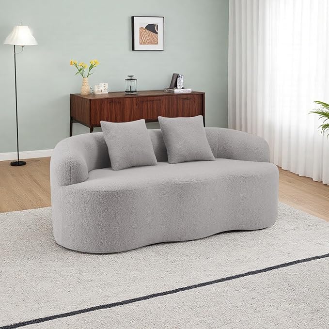 Curved Compression Sofa, Modern Loveseat Couch with Rounded Armrests & 2 Coordinating Pillows, 67'' Polyester 2 Seater Sofa for Small Living Room, Bedroom and Offices, No Assembly, Grey
