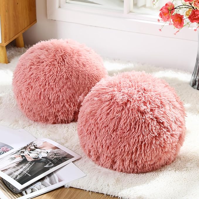 2 Pack Plush Round Ball Throw Pillow 10 Inch Nordic Soft Boucle Pillows Spherical Fuzzy Pillows Circle for Couch Sofa Bed Bedroom Living Room Office School Chair Decorations(Pink)