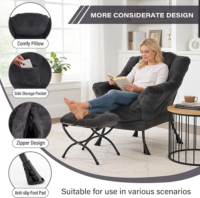MBOOYOME Lazy Chair with Folding Ottoman, Modern Accent Lounge Armchair with Armrests and a Side Pocket & Foldable Footstool, Leisure Reading Chair for Living Room, Bedroom, Dorm & Office, Plush Navy