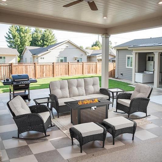 Belord Patio Furniture Set with Fire Pit Table - 8 Piece Outdoor Wicker Furniture Set with 43" 50000 BTU Propane Fire Pit and Rocking Chairs Patio Conversation Set for Deck Outside Backyard Black