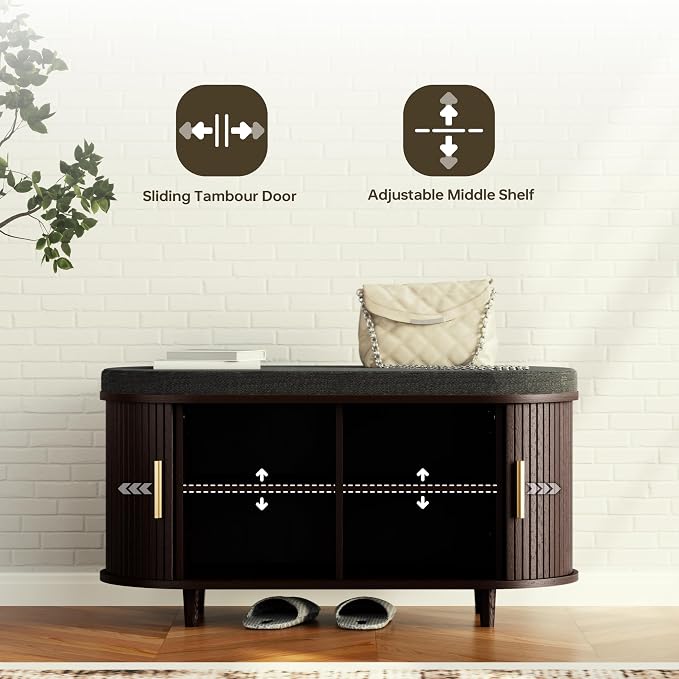 DHH 2-Tier Storage Bench,Wide Shoe Bench with Thickened Padded Seat Cushion, Mid Century Modern Fluted Sliding Door and Adjustable Shelf, for Entryway, Living Room, Bedroom (Dark Walnut, 35.4“) - Image 5