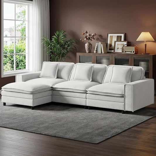 Modular Sectional Sofa 107", Comfy Cloud Couch with Ottoman, Deep 4-Seat L Shaped Modular Sofa, Couches with Throw Pillows for Living Room, Beige