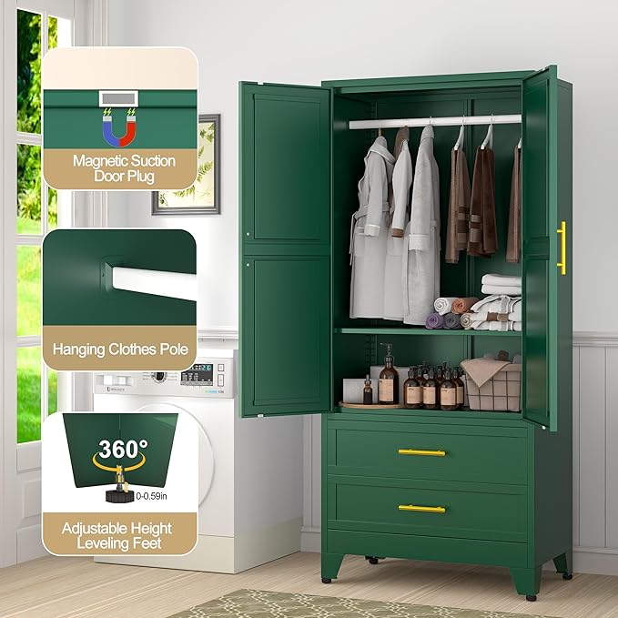 GAIOUS 71" Metal Wardrobe Cabinet with 2 Doors, 1 Adjustable Shelf and 2 Drawers, Metal Clothing Storage Cabinets with Hanging Rod, Armoire Wardrobe Closet for Bedroom, Cloak Room, Gym (Green)