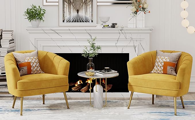 Andeworld Velvet Accent Chair, Upholstered Modern Single Sofa Side Chair,Comfy Barrel Club Living Room Armchair with Golden Metal Legs for Bedroom Living Reading Room Office, Yellow