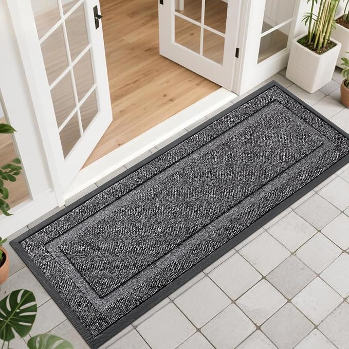 OLANLY Front Door Mat Indoor Outdoor Entrance, Waterproof All-Season, All-Weather Doormat, Sturdy Natural Rubber, Low Profile, Easy Clean Patio Porch Entryway Mat, 47x17, Black and White by OLANLY