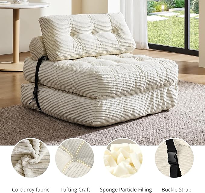Folding Sofa Bed, Convertible Sleeper Chair with Pillow, Foldable Mattress with Back Support, Portable Floor Sofa Lounge for Living Room Bedroom Dorm