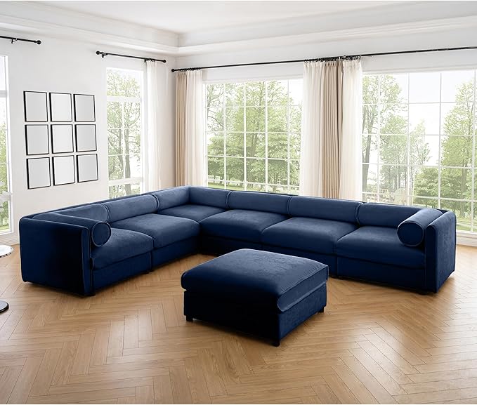 KEIKI 143" Large Modular Chenille Sectional Sofa with Storage Seat, 1 Ottoman, Modern 6-Seater Couch with Cylindrical Backrest and 2 Armrests, Easy Assembly, for Apartment, Living Room, Blue