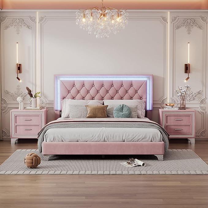 3-Pieces Bedroom Sets, Harper & Bright Designs Queen Size LED Velvet Platform Bed Frame with LED Lights & Tufted Headboard, Wood Slat Support, No Box Spring Needed, Easy Assembly (Pink)