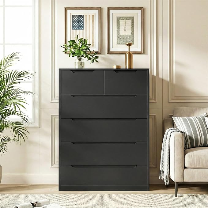 Romorgniz Dresser for Bedrom with 6 Large Drawers, Tall Chest of Drawers Modern Wooden Dresser for Living Room, Entryway, Hallway, Black, 43.2" H X 27.6" W X15.6 D - Image 2