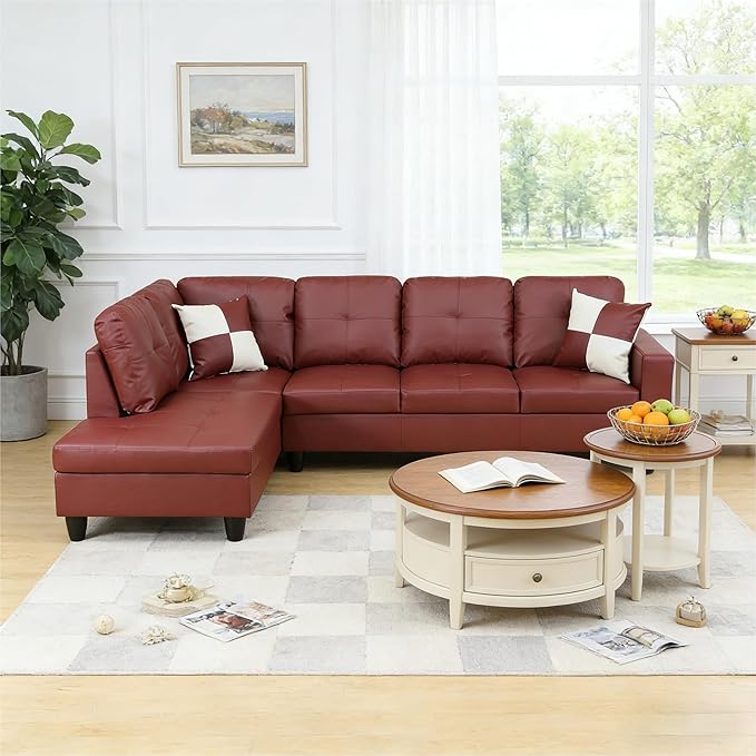 103.5 Inch Modern L-Shaped Couch, Faux Leather Sectional Sofa with Chaise Lounge, 4-Seater Couch with Accent Pillows for Living Room, Apartment, Dark Red
