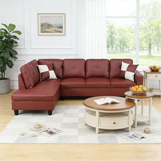 103.5 Inch Modern L-Shaped Couch, Faux Leather Sectional Sofa with Chaise Lounge, 4-Seater Couch with Accent Pillows for Living Room, Apartment, Dark Red