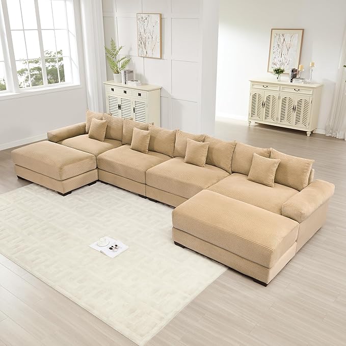 KEIKI 168" U-Shaped Oversized Corduroy Modular Cloud Sectional Sofa with 2 Ottoman, High-Density Foam Cushion, Extra-Thick Armrest, 4-Seater Fluffy Corner Couch with 12 Pillow, for Living Room, Camel