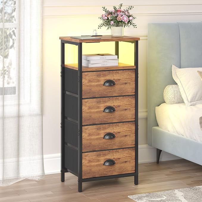 sthmec Nightstand with Charging Station,LED Nightstand with 4 Fabric Drawers, Bedside End Tables, 2-Tier Open Storage Shelf Side Table Nightstand with Drawers for Bedroom,Rustic Brown - Image 2