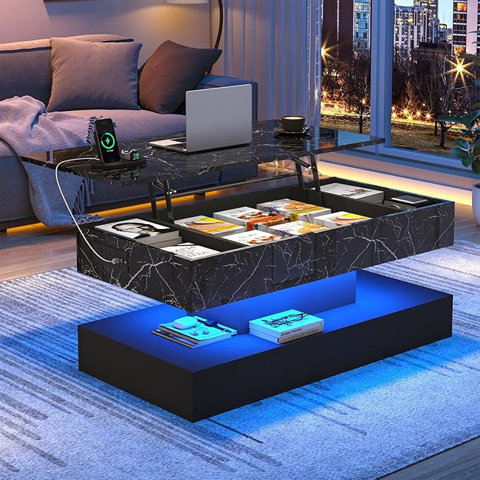 39.4" Large Lift Top Coffee Table, Modern LED High Glossy Coffee Table with Charging Station, Lights, Hidden Compartment Storage, Lift Center Tables for Living Room, Home Office, Black