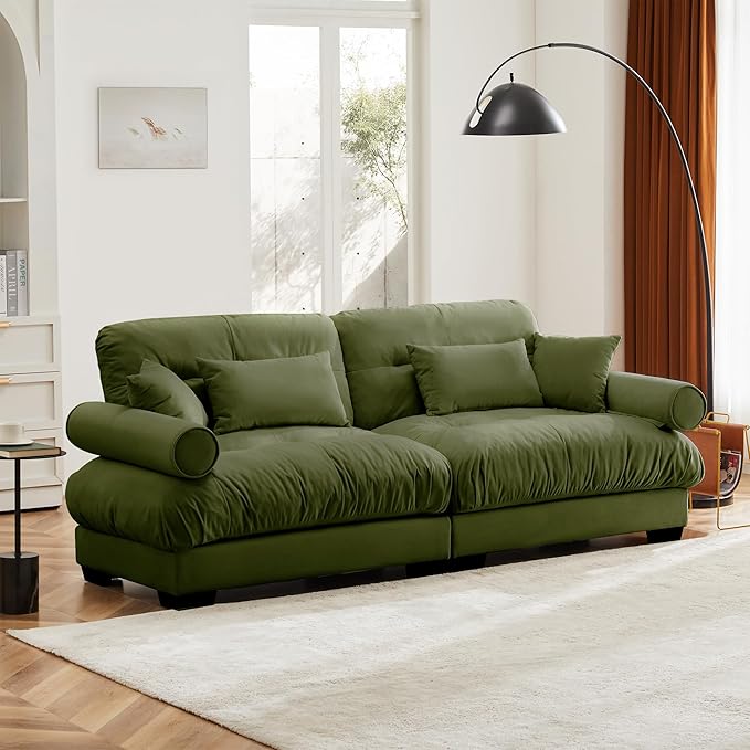 KEIKI 94" Oversized Velvet Modular Sectional Loveseat Sofa with High-Density Foam Cushions and Bolstered Armrests, Upholstered Modern Style 2-Seater Cloud Couch with 4 Pillow, for Living Room, Green