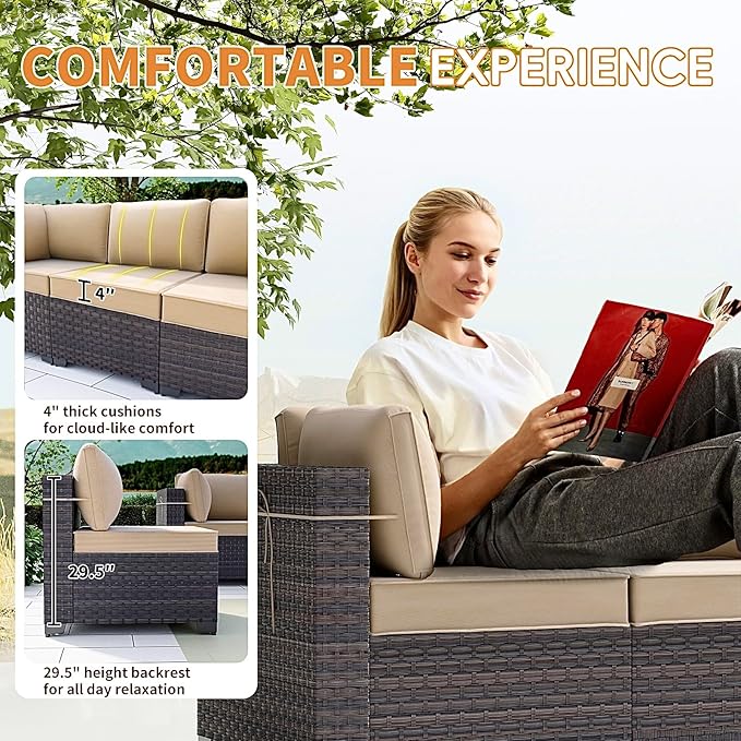 Gotland 12 Pieces Patio Furniture Set with Swivel Chair, PE Rattan Outdoor Furniture with 29.5'' High Backrest 4’’ Thick Cushions Coffee Table, Patio Set for Porch, Deck, Backyard, Khaki