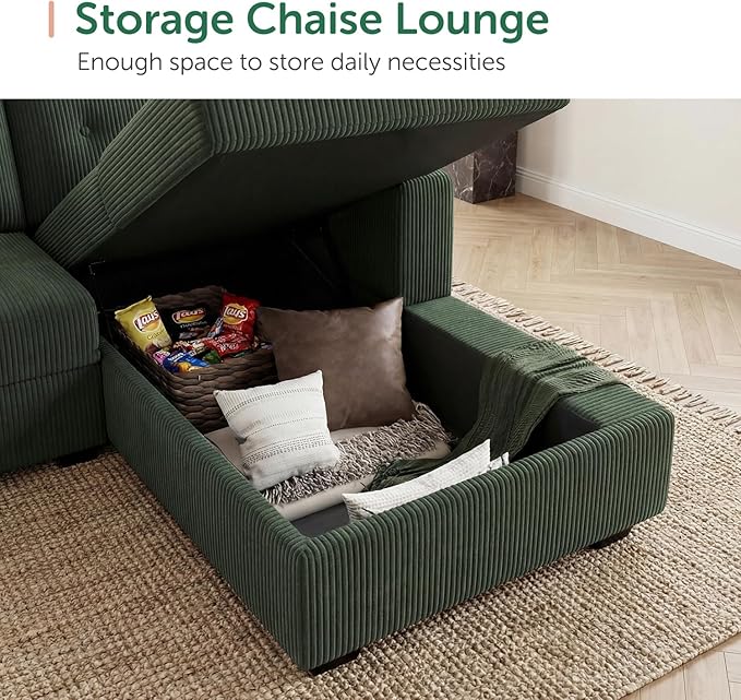 HONBAY Sectional Sleeper Sofa Bed with Storage Chaise, Sleeper Sectional Pull-Out Sofa, Sectional Sleeper Couch for Living Room, Velvet Green